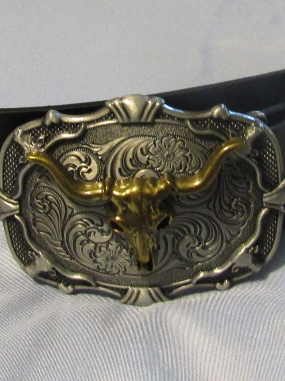 Texas LONGHORN SKULL Buckle & Belt Western Bronze Silver 2 Tone Cowgirl Cowboy